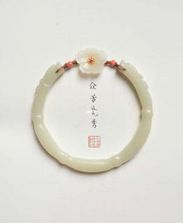 天然和田玉手镯圈口60天然天然粉珊瑚陌陌隔珠925纯银镶嵌白玉小花